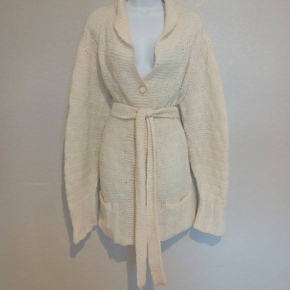 Cozy Ivory Cream Belted Crochet Knit Long Cardigan Dustet Sweater Size XL - Picture 2 of 7